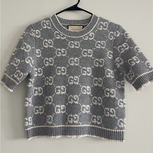 Gucci Gray & White Short-Sleeve GG Knit Sweater